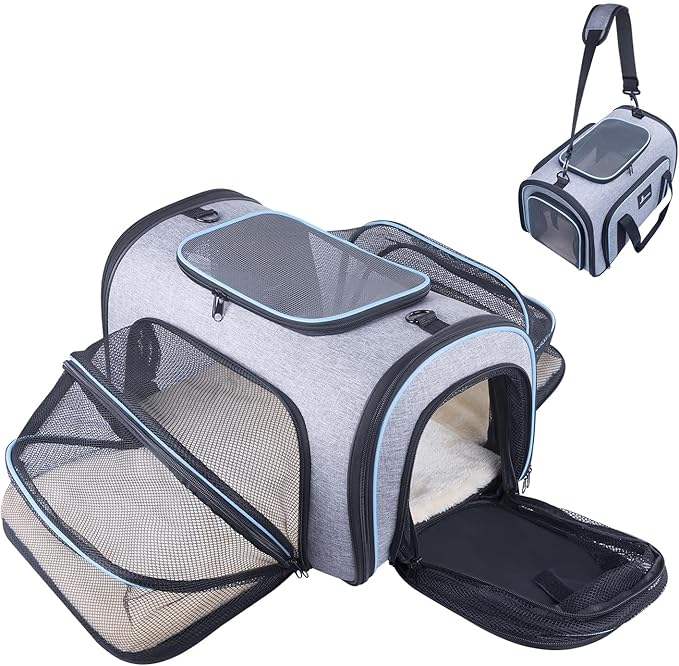 Siivton Airline Approved Pet Carrier, 4-Way Expandable Cat Dog Carrier for Under-Seat Travel, Soft-Sided Portable Pet Bag with Removable Fleece Pad, Fits Small Pets Up to 15 lbs (18"x 11"x 11")