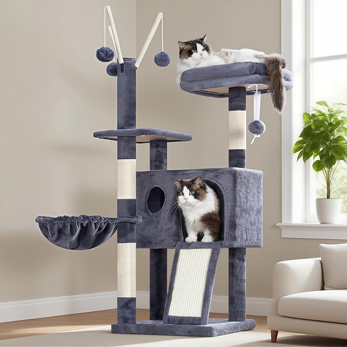 Hey-brother Cat Tree Tower, Scratching Posts with Removable Toys, Cozy Condo, Platform, Hammock, Sisal Scratch Board and Ball for Indoor Kittens, 41.3 Inches, Smoky Gray MPJ008SG