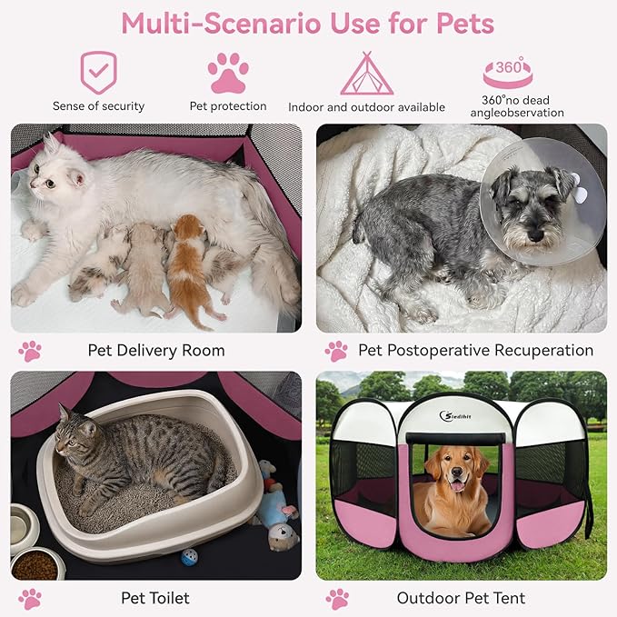 Pink Puppy Playpen for Large Dog Cat, Dog Tent Crates Cage Indoor/Outdoor, Portable Pop Up Dog Kennel with Carrying Bag for Rabbits, (Pink, Large)