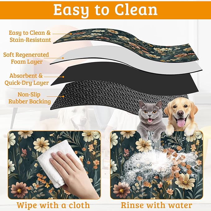 Dog Bowl Mat,Brown Flowers Pet Feeding Mat for Floors Waterproof,White Absorbent Dogs Placemat for Food and Water Quick Dry Pet Cat Feeding Mats with Non Slip Bottom 12" x 20"