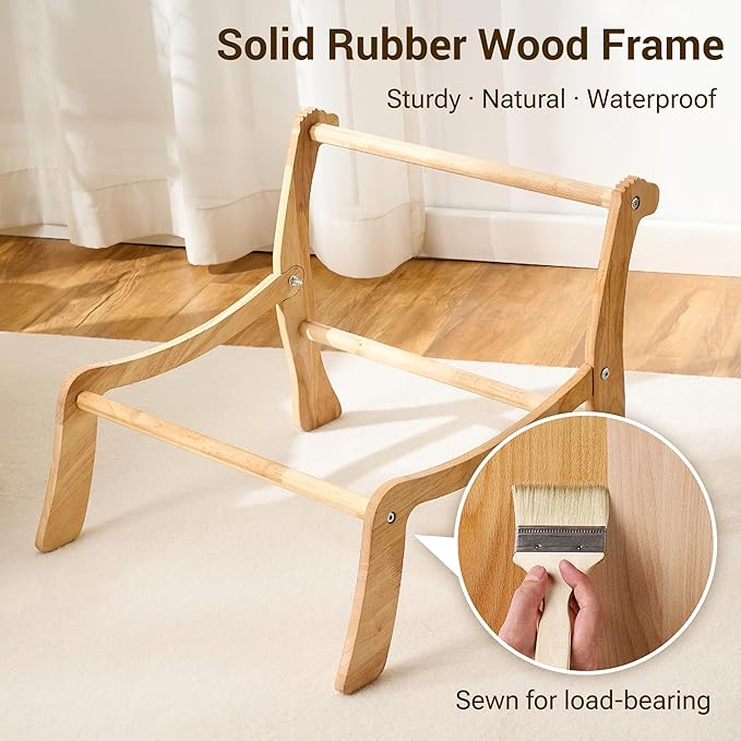 Solid Wood Cat Couch Bed for Indoor Cats, Modern Cat Sofa with Ultra-Soft Plush Surface Washable, Reclined Backrest, Elevated Elevated Cat Lounge Furniture for Small to Adult Pets, Ivory White