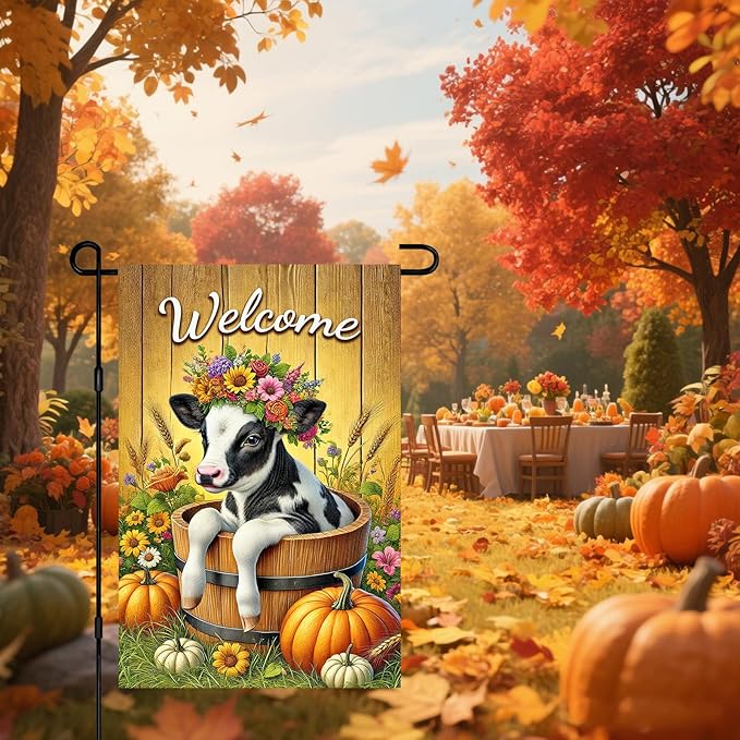 Fall Garden Flag Welcome Calf Animal Garden Flag Farm 12x18 Inch Double Sided Outdoor Decoration for Fall Season Yard Porch Lawn Display Cute Flower Cow Banner Autumn Harvest