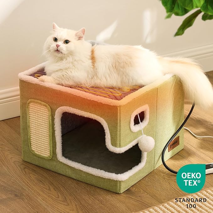 Heated Cat House for Indoor Cats - Cat Warming Bed for Winter with Fluffy Ball Hanging and Adjustable Heating Pad, Foldable Cat Hideaway,16.5x16.5x13 inches, Grey