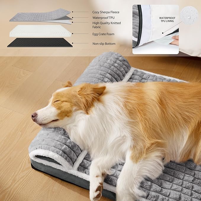 Orthopedic Dog Bed Medium Size Dog with Pillow 30''X20'', Waterproof Soft Comfortable Egg Crate Foam Pet Crate Beds Mat with Removable Washable Cover and Non-Slip Bottom, Grey