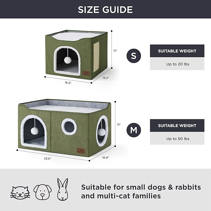 Bedsure Large Cat Beds for Indoor Cats - Extra Wide Cat Cube House for Small Pet with Fluffy Ball Hanging and Scratch Pad, Foldable Pet Cave Hideaway for Multiple Cats, 23.6x16.9x13 inches