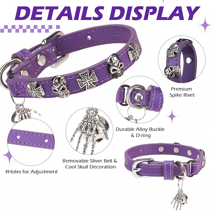 EXPAWLORER Leather Cat Collar for Girl Boy- Adjustable Pet Collar with Safety Elastic Belt,Personalized Punk Accessories Buckle Collars with Bell & Durable D-Ring, Skull(Purple)