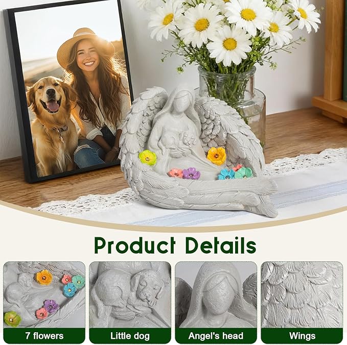 Solar Garden Decor - Memorial for Loss of Dog with Angel Statue, Solar Powered Outdoor Pet Memorial Stone & Dog Remembrance Gift for Backyard, Cemetery Handmade Eco-Resin, 7 LED Lights
