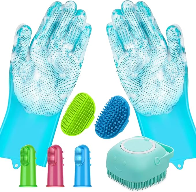 Dog Bathing Supplies – 8PCS Pet Shower & Grooming Kit for Dogs & Cats|Shampoo Dispenser with soft Silicone Bathing Gloves,Scrubber Brush & Finger Toothbrush|Dog Bath Brush for Short & Long Hair