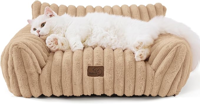 Bedsure ComfyFleece™ Cute Cat Couch for Pets - As Seen on TV on Good Day New York, Fuzzy Cats beds for Indoor Cats with Removable Washable Cover, Supportive Pet Sofa, 24inch, Sandy Beige