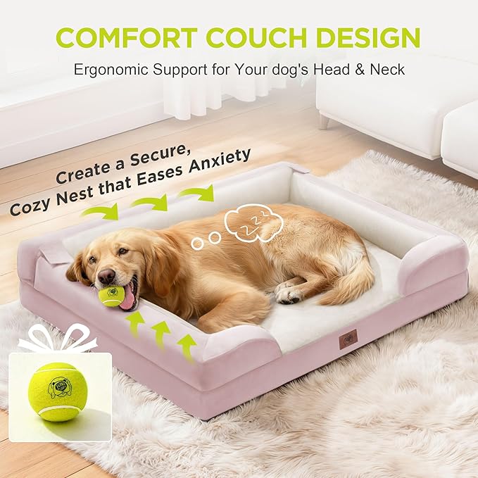Extra Large Dog Bed, Orthopedic XL Washable Bed for Big Dog Waterproof Pet Couch Sofa Bolster with Removable Cover, Non-Slip Bottom, Tennis Ball Toy, 42x30