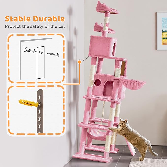 Yaheetech Cat Tree, 82.5in Super Tall Tower w/Cute Top Perches, Scratching Posts, 2-in-1 Ramps, Cozy Basket, Extra Large Condo for Indoor Kittens, Pink