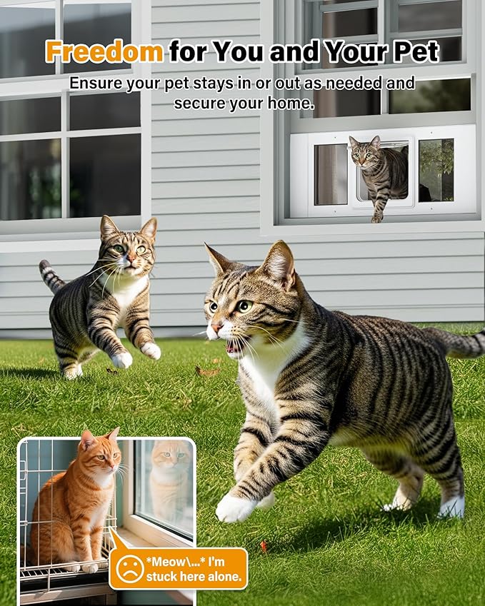 Cat Door for Window Weatherproof: Aluminum Frame Flap Pet Door Fit Window Insert - Easy Adjustable to Quick Fit Windows Width 31"-36" - 4 Secure Lock Modes with Magnetic Closure for Cats Dog