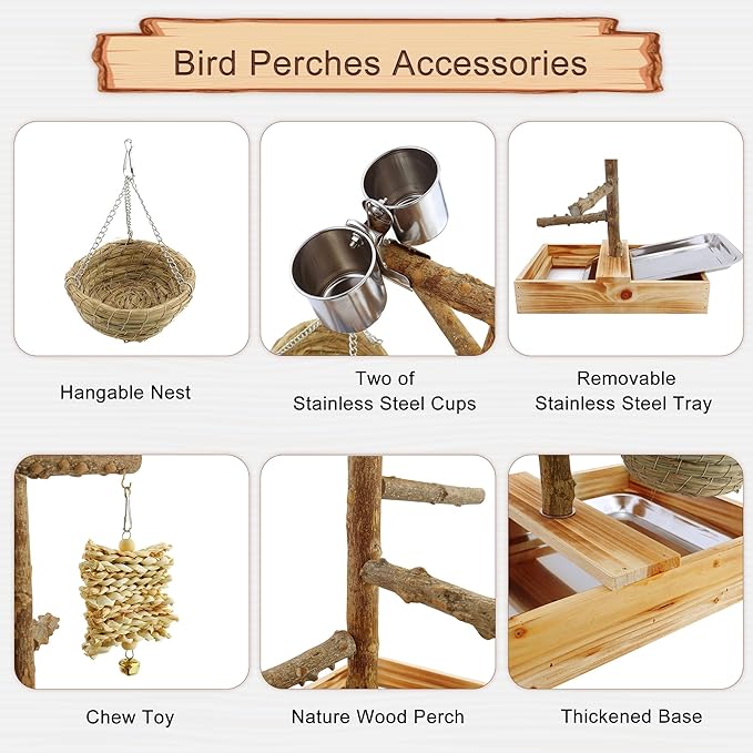 Mogoko Natural Bird Perches Playground, Cage Accessories, Toys Playground for Birds, Bird Perch Stand Parrot Stand, Includes 2 Stainless Steel Cups and Removable Tray