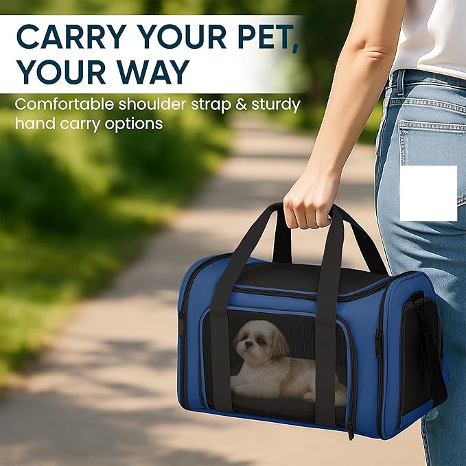 Pet Travel Carrier Bag – Airline Approved Soft-Sided Dog & Cat Carrier, Foldable, Breathable Mesh, Washable Pad – Fits Pets up to 15 lbs – The Pup Quartet (Blue)