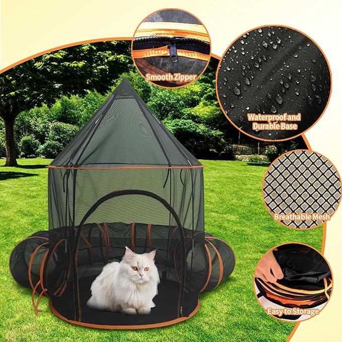 Outdoor Cat Enclosure with Tunnel - Large Portable Pet Playpen Tent for Indoor/Outdoor, Catio Playhouse for Cats, Kittens, Rabbits & Small Animals