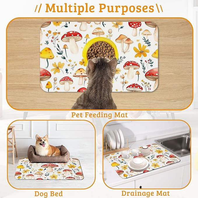 Pet Feeding Mat,Mushroom Absorbent Dog Cat Food Mat Flowers Dog Mat with Rubber Backing,Non-Slip Water Bowl Placemat,Pet Supplies 12" x 20"