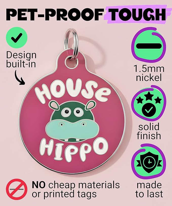 Bad Tags Personalized Dog and Cat ID Tags in 25+ Designs and 2 Sizes - 5 Lines of Custom Engraved Text - Funny Cute Personalized Pet Tags (House Hippo - Pink, Large (1.25 inch))