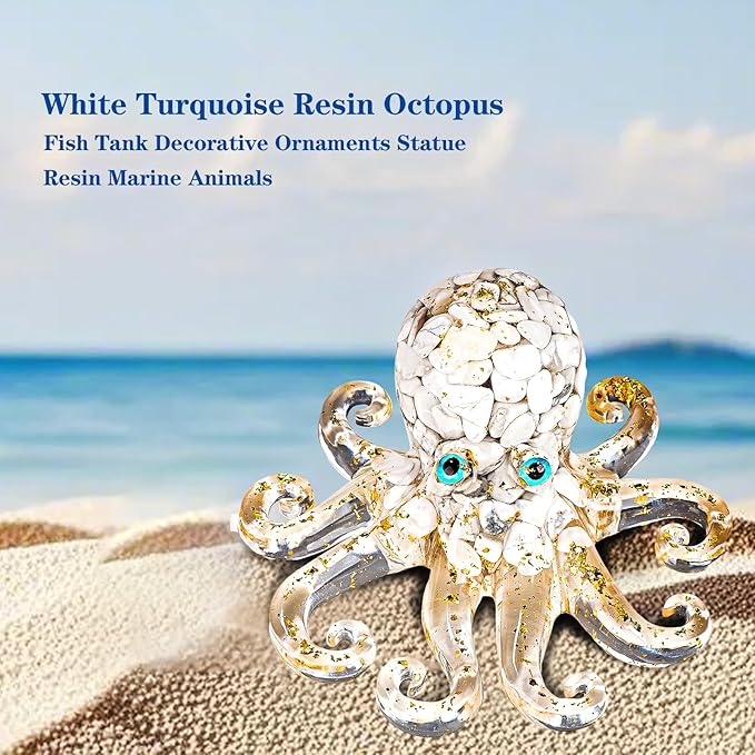 Natural Crystal Gravel Octopus Resin Marine Animals Fish Tank Decorative Ornaments Octopus Statue Healing Crystal Home Decor Ladies Gift 3.93" (White-Turquoise, 3.93")