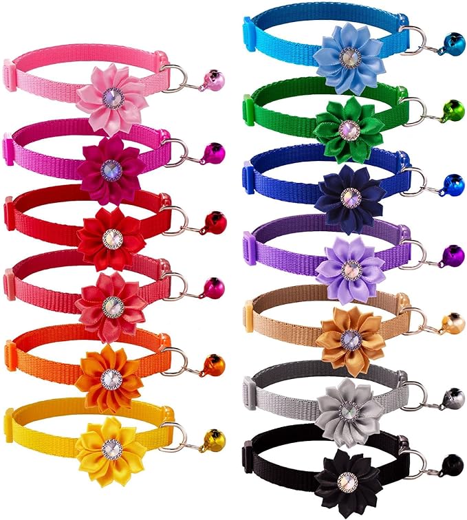 13Pcs Puppy Collars, Cat ID Collars with Bell Adjustable 19-32cm, Flower Soft Nylon Adjustable Identification Collars for Puppy Kittens(unbreakaway)
