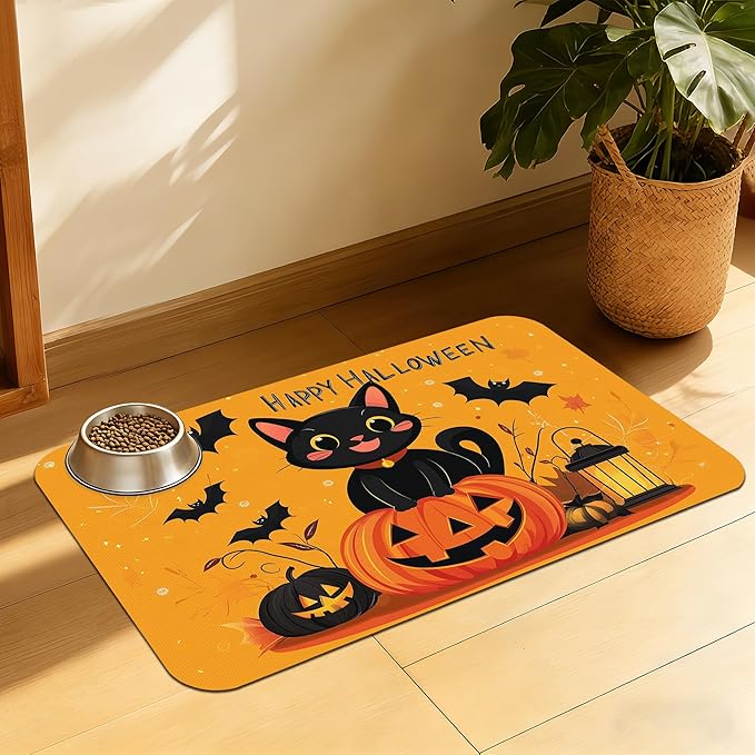 Halloween Cat Pet Feeding Mat, Absorbent Dog Bowl Pad, Quick Dry with Anti-Skid Bottom, Indoor Pet Accessories – 16x24 Inch