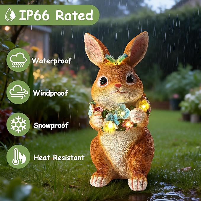 Solar Garden Statues Outdoor Easter Bunny Decorations with Butterfly & Flowers Spring Decor with 6 LED Night Accent Lights for Patio, Yard & Lawn, Easter Gift for Mom, Valentines Day Figurine
