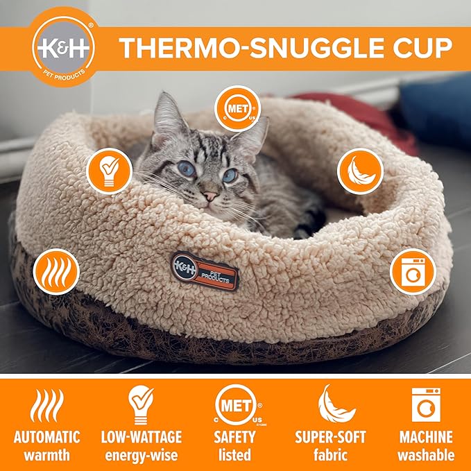 K&H Pet Products Heated Cat Bed Indoor, Thermo-Snuggle Cup Bomber Soft Heated Pet Bed for Large Indoor Cats and Small Dogs, Machine Washable, Waterproof Heated Pad, Safety Listed - 18x14in Chocolate