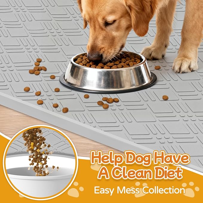 Lanstics Dog Food Mat, 42" x29" Large Silicone Mat Dog Feeding Mat with Raised Edge Non-Slip Pet Feeding Mat for Food and Water Bowl, Easy to Clean, Floor Protection (Light Gray)
