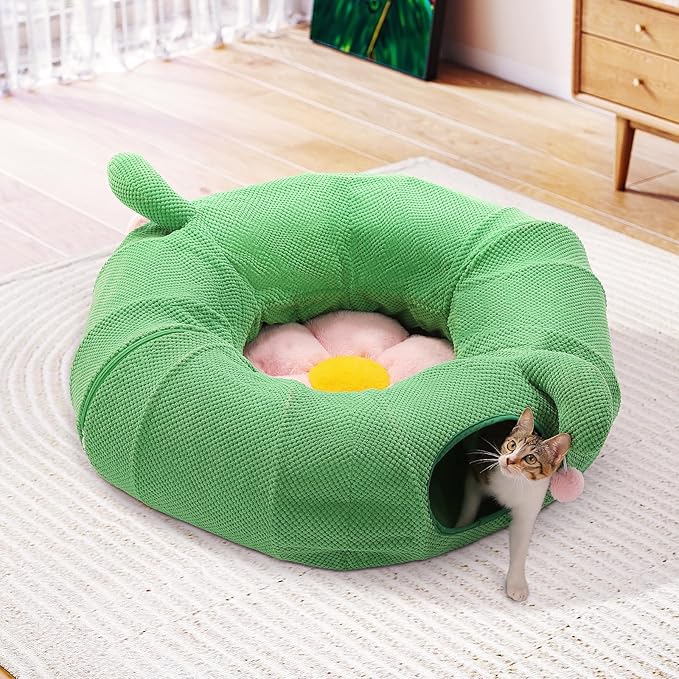 PEQULTI Cat Tunnel with Bed for Indoor Cats, Cat Play Donut Tunnel with Washable Soft Plush Flower Mat, Round Tube Toys Cute Tube for Kittens, Puppies, Rabbits and Ferrets, Green&Pink