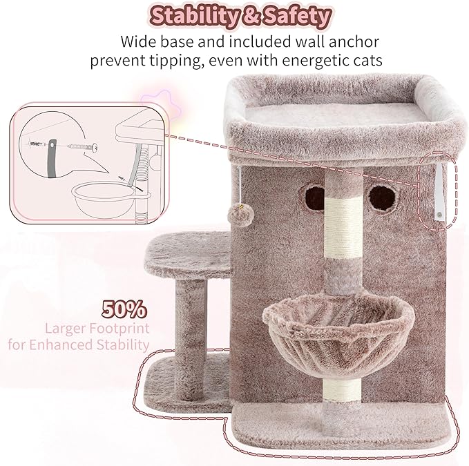 Heybly Cat Tree, 25.6-inch Cat Tower with Spacious Top Perch for Large Cats, Stair-Style Cat House Furniture with Dual-Layer Condos, Sisal Scratching Posts, Cozy Basket & Pompom, Muchroom HCT204SMU
