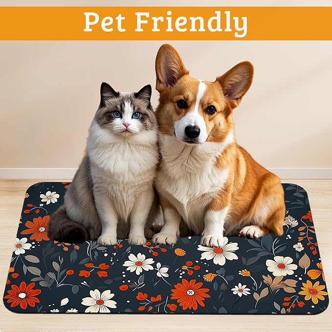 Floral Black Feeding Mat,Absorbent Quick-Dry Cat Dog Food and Water Bowl Mats,Non-Slip Rubber Backing Mat,Cat Dog Accessories Supplies 16" x 24"