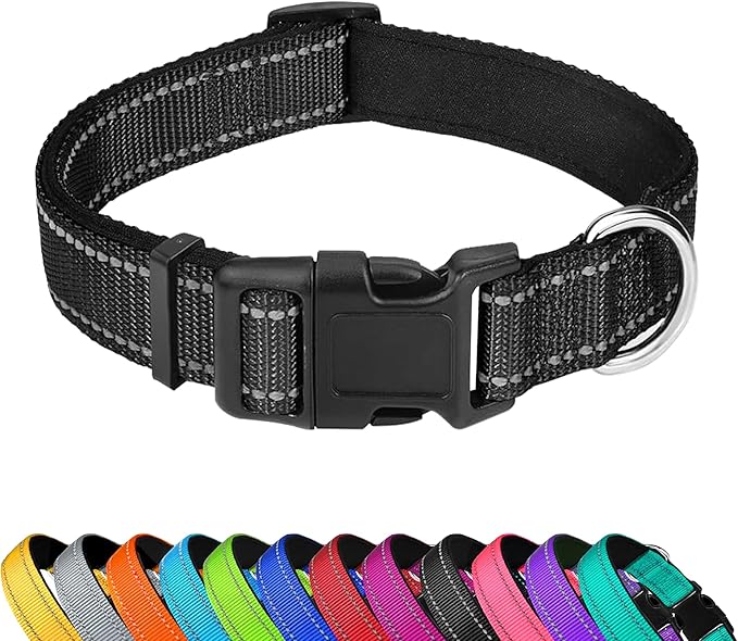 Reflective Dog Collar, Adjustable Soft Neoprene Padded Nylon Pet Collars with Buckle for Extra Large Dogs, Black,XL