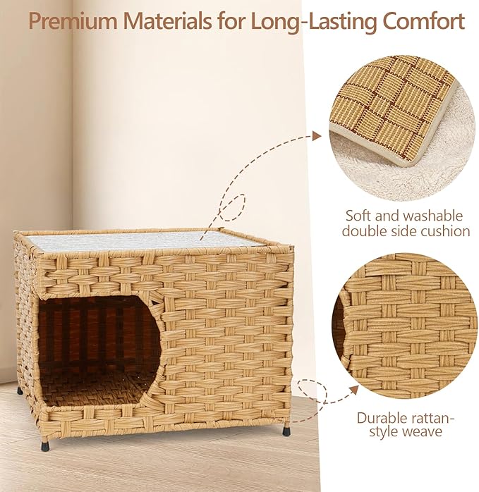 Cat House for Indoor Cats - Wicker Cat Bed with Double-Sided Soft Cushion, Decorative Handwoven Pet Bed Furniture
