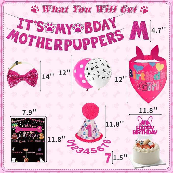 Hot-Pink Dog Birthday Party Supplies Pet Birthday Bandanas Girl Doggy Birthdays Hat Bow Tie Greeting Card Numbers It’s My Bday Mother Puppers Sign Banner for Medium Large Pets
