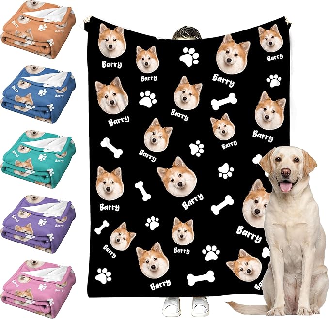 Personalized Paw Print Dog Blanket with Pet Name Face-Custom Puppy Blankets with Picture for Dogs-Customized Dog Memorial Throw Fleece Blanket-Loss of Pets Supplies Sympathy Gift for Bed Sofa Travel