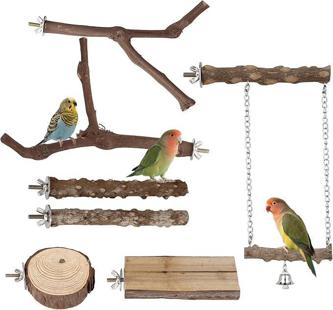7PCS Bird Perches, Natural Wood Parrot Perch Stand, Bird Perch Chewing Stick Cage Accessories Hanging Multi-Branch Perch Platform Swing Toy for Parakeets, Cockatiels, Small Medium Birds