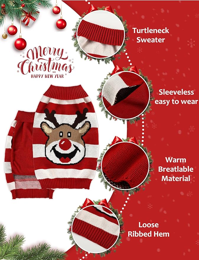 Dog Christmas Sweater, Soft Warm Pet Clothes Coat for Small Medium Large Dogs and Cats Boy Girl, Fall Cozy Holiday Turtleneck Knitting Collar Pullover Pup Outfit Costume for Thanksgiving New Year