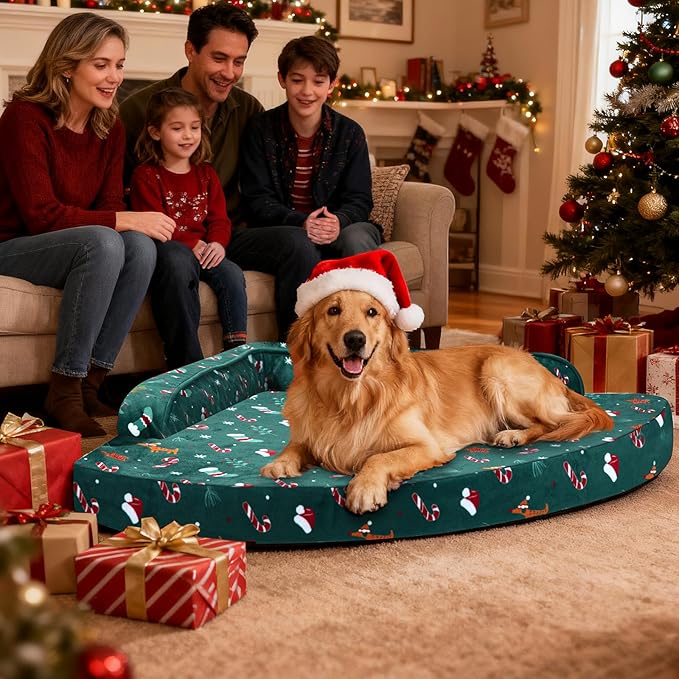 Large Dog Bed for Christmas - XL Orthopedic Egg-Crate Memory Foam Dog Beds with Removable Washable Cover, Waterproof Pet Beds with Non-Slip Bottom, Green