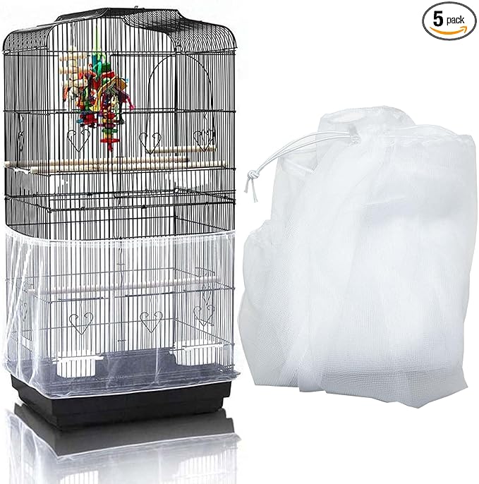 Allazone Bird Cage Seed Catcher, Large Bird Cage Cover, 75-118'' Universal Adjustable Birdcage Cover Skirt Soft Airy Nylon Mesh Net for Parakeet Macaw African Round Square Cage, White