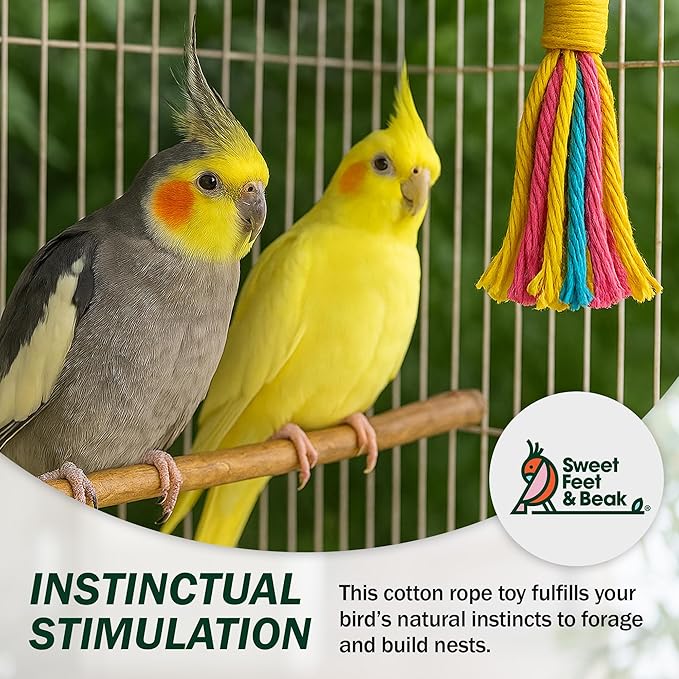 Sweet Feet and Beak Platinum Tweeter Weave Bird Toys - Perfect Cage Toy for Playing & Preening - Colorful, Safe, Cotton Rope - Birds Cage Playground Accessories & Supplies - Parrot Toys (Large)