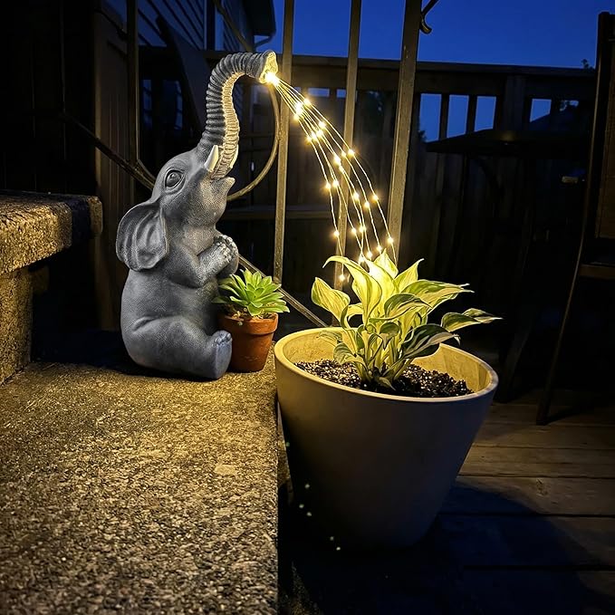 Lyeasw Solar Garden Decor Elephant Statues – Birthday Gifts for Women Mom, Water‑Resistant Watering Elephant Outdoor Decor for Patio, Yard & Porch with Auto On/Off Light, Praying Elephant Ornament