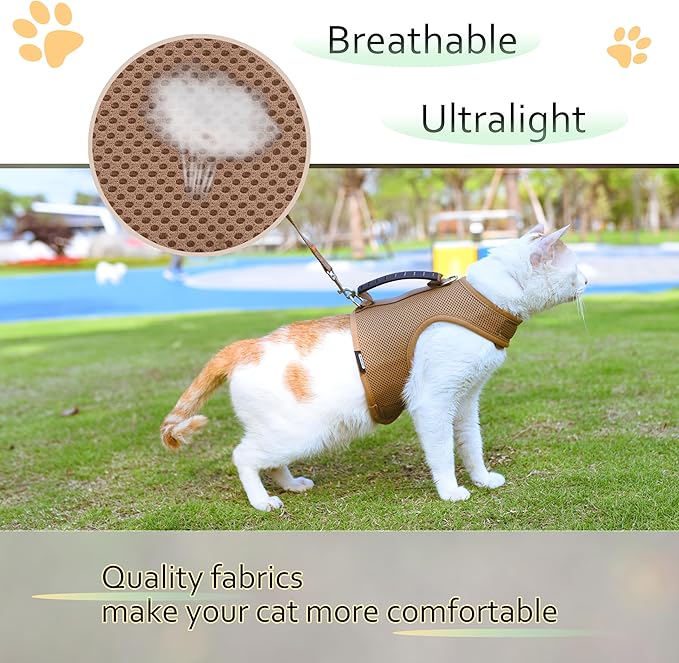Cat Harness and Leash for Walking Escape Proof Breathable Mesh Fabric, Solid Brown, Medium, Adjustable Cat Walking Jackets with Handle, Padded Stylish Cat Vest