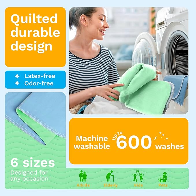 GREEN LIFESTYLE® Washable Underpads - Heavy Absorbency Reusable Bedwetting Incontinence Pads for Kids, Adults, Elderly, and Pets - Toddler Mattress Pads for Bed, Sofa, Floor (Pack of 2 - 30x34)
