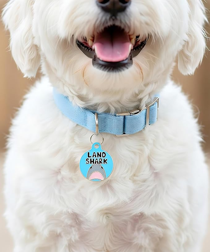 Bad Tags Personalized Dog and Cat ID Tags in 25+ Designs and 2 Sizes - 5 Lines of Custom Engraved Text - Funny Cute Personalized Pet Tags (Land Shark, Small (1 inch))