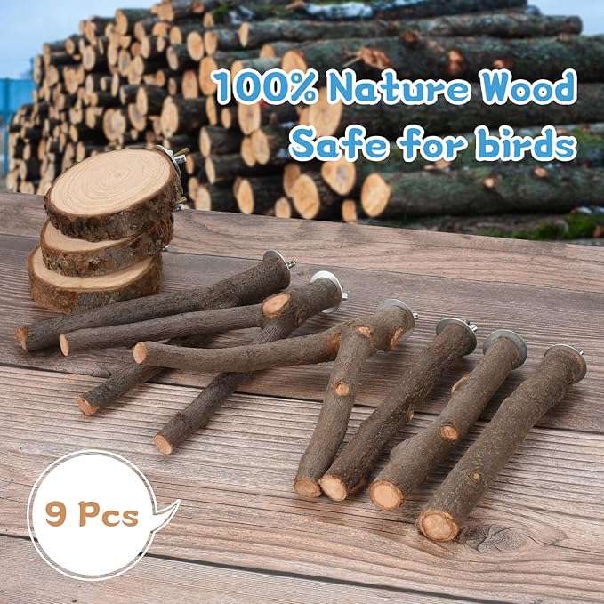 18 PCS Bird Perches Stand Toy, Natural Wood Parrot Perch Stand Bird Cage Branches Platform Accessories for Parakeets Cockatiels Conures Macaws Finches Love Birds
