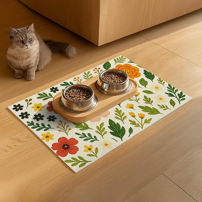 Trendy Flower Pattern Pet Feeding Mat Spill-Proof Feood Pad for Food and Water Bowls Non-Slip Placemat for Pet Areas Easy Clean Fast Dry Mat for Cats Kittens & Small Dogs 20" x 12"