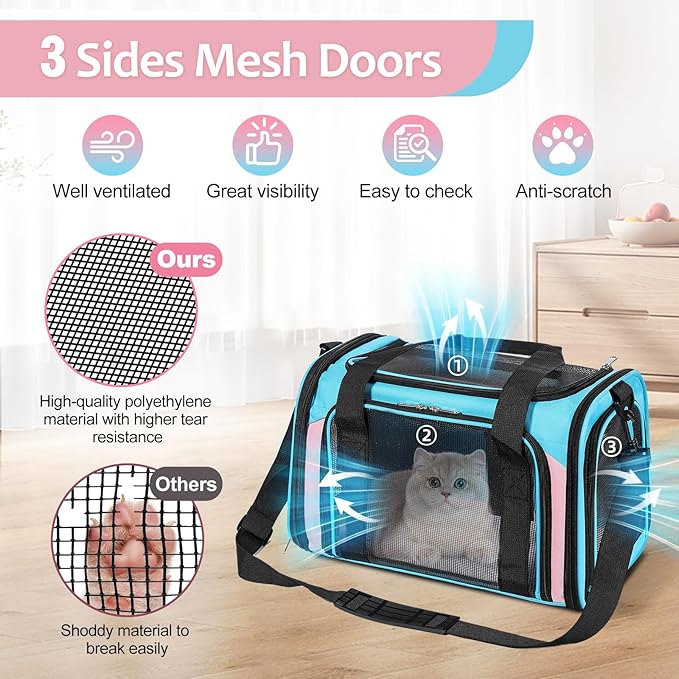 Discala Cat Dog Carrier Pet Carrier for Small Medium Cats Puppies Dog Carriers for Small Dogs Collapsible Soft Sided Cat Travel Carrier - Blue&Pink 21 * 13 * 13