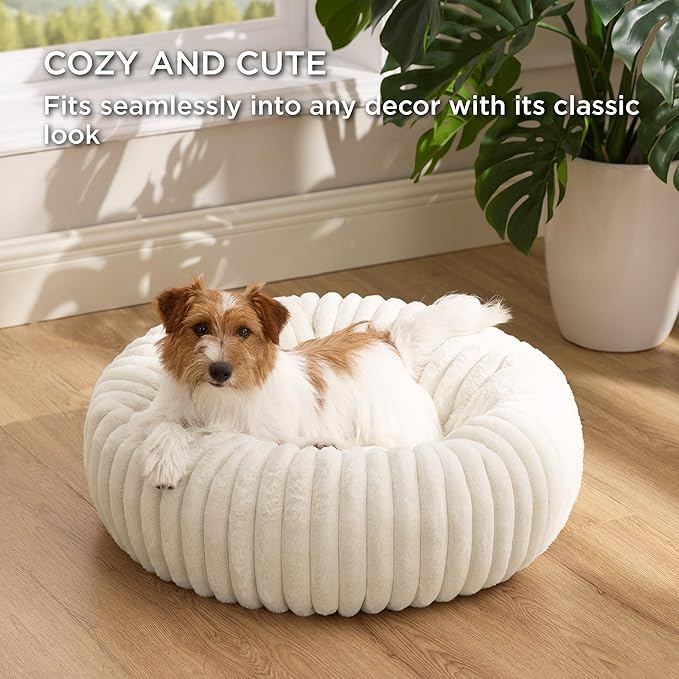 Bedsure ComfyFleece™ Donut Small Dog Bed - Dog Beds for Small Dogs with Corduroy Fleece & Anti Slip Bottom, Round Faux Fur Pet Beds with Washable Removable Cover, Cream, 27x27x8 inches