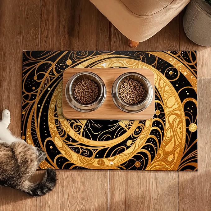 Cat Feedings Mats 20x12 inch Golden Cat Print Pet Bowl Placemat Non Slip Mat for Cats Food and Water Indoor Kitty Feeding Station Elegant Cats Meal Mat for Small Pets Kitchen Floor Use