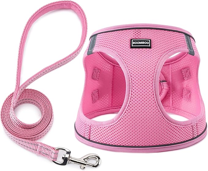 BOOMIBOO Dog Harness with Leash Set, No Pull Adjustable Reflective Step-in Puppy Pet Vest Harnesses for Small Medium Large Dogs and Cats,Pink XXS