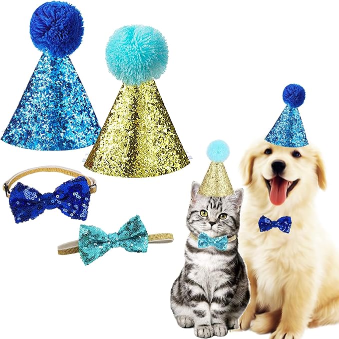 4 Pcs Cat Birthday Hat Bowtie Small Dog Hat Headband Topper Bowtie Adjustable Cute Puppy Birthday Costume Accessories for Small Medium Pets (2/LB-RB)